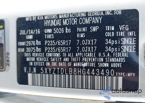 2017 Hyundai Santa Fe Sport 2.4L z USA, uszkodzony, nr VIN 5XYZTDLB8HG443490